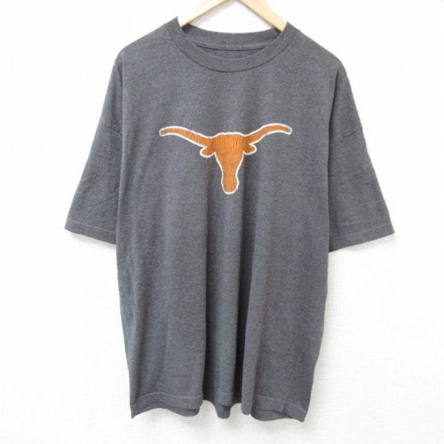 XL★古着 半袖 Tシャツ メンズ テキサス ロングフォーン 大きいサイズ クルーネック 濃グレー 霜降り 25jun19 中古