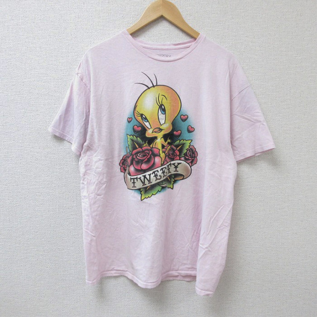 XL★古着 半袖 Tシャツ メンズ ルーニーテューンズ LOONEY TUNES トゥイーティー コットン クルーネック 薄ピンク 25jun18 中古