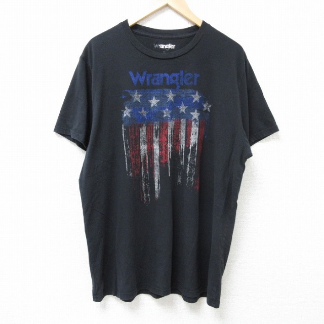XL★古着 ラングラー Wrangler 半袖 Tシャツ メンズ 星条旗 クルーネック 黒 ブラック 25jun18 中古