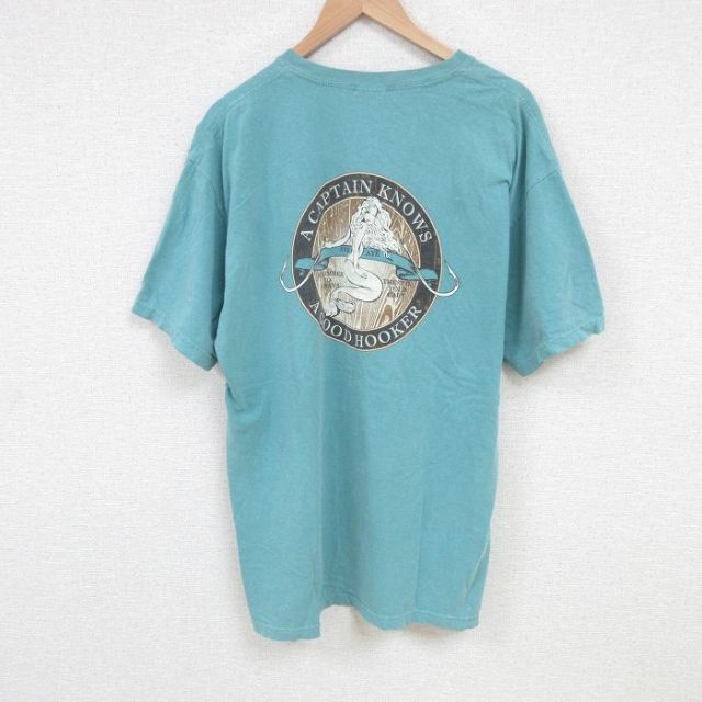 XL★古着 半袖 Tシャツ メンズ 大きいサイズ 人魚 コットン クルーネック 青緑 霜降り 25jun21 中古