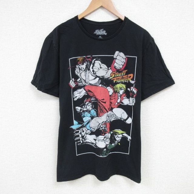 XL★古着 半袖 Tシャツ メンズ ストリートファイター コットン クルーネック 黒 ブラック 25jun24 中古