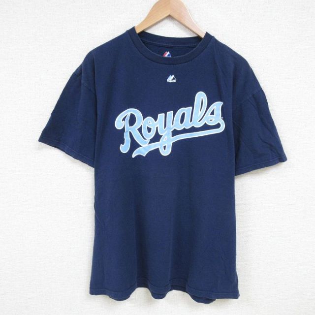 XL★古着 マジェスティック 半袖 Tシャツ メンズ MLB カンザスシティロイヤルズ MOOSE 8 コットン クルーネック 紺 ネイビー メジャーリーグ ベースボール 野球 25jun24 中古