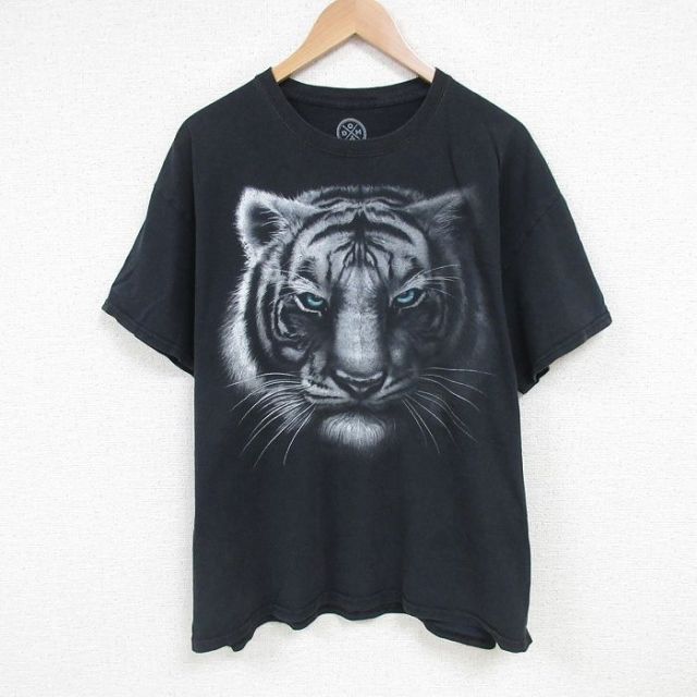 XL★古着 半袖 Tシャツ メンズ トラ 大きいサイズ コットン クルーネック 黒 ブラック 25jun24 中古