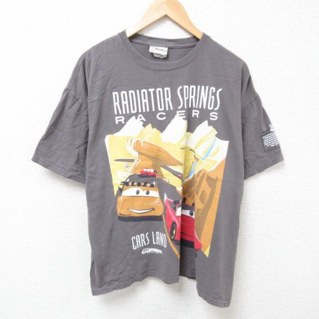 XL★古着 半袖 Tシャツ メンズ ディズニー DISNEY カーズ コットン クルーネック 濃グレー 25jun24 中古