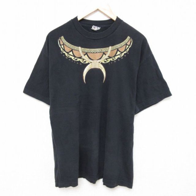XL★古着 半袖 Tシャツ メンズ ハワイアン コットン クルーネック 黒 ブラック 25jun24 中古