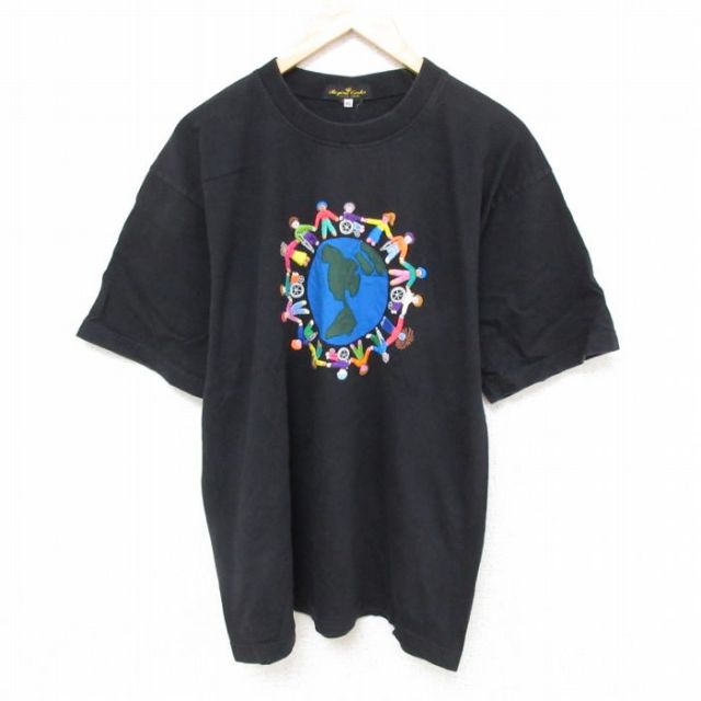 XL★古着 半袖 Tシャツ メンズ 地球 刺繍 クルーネック 黒 ブラック 25jun27 中古