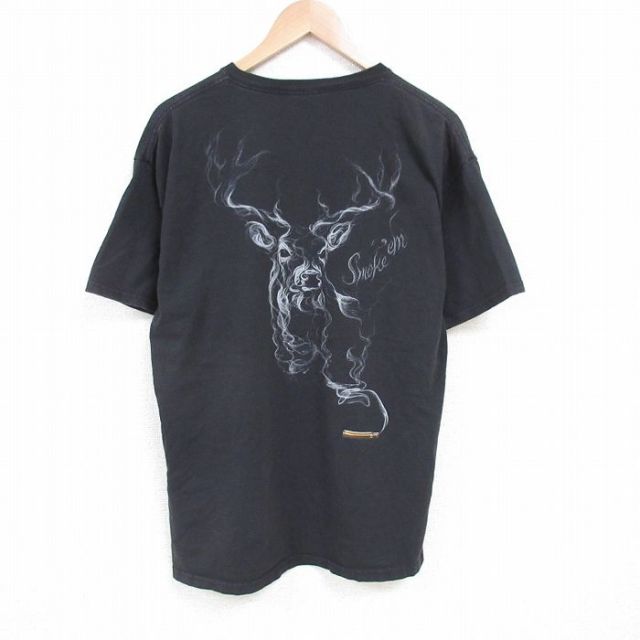 【50%OFF】XL★古着 半袖 Tシャツ メンズ シカ 大きいサイズ コットン クルーネック 黒 ブラック 25jun27 中古