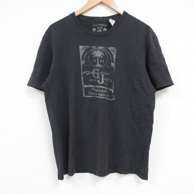 L★古着 ゲス GUESS 半袖 ブランド Tシャツ メンズ ヤシの木 コットン クルーネック 黒 ブラック 25jun27 中古