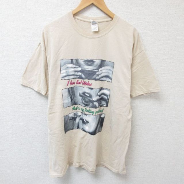 XL★古着 半袖 Tシャツ メンズ タバコ 大きいサイズ コットン クルーネック ベージュ カーキ 25jun28 中古