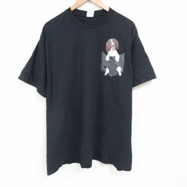 XL★古着 半袖 Tシャツ メンズ 犬 大きいサイズ コットン クルーネック 黒 ブラック 25jun28 中古