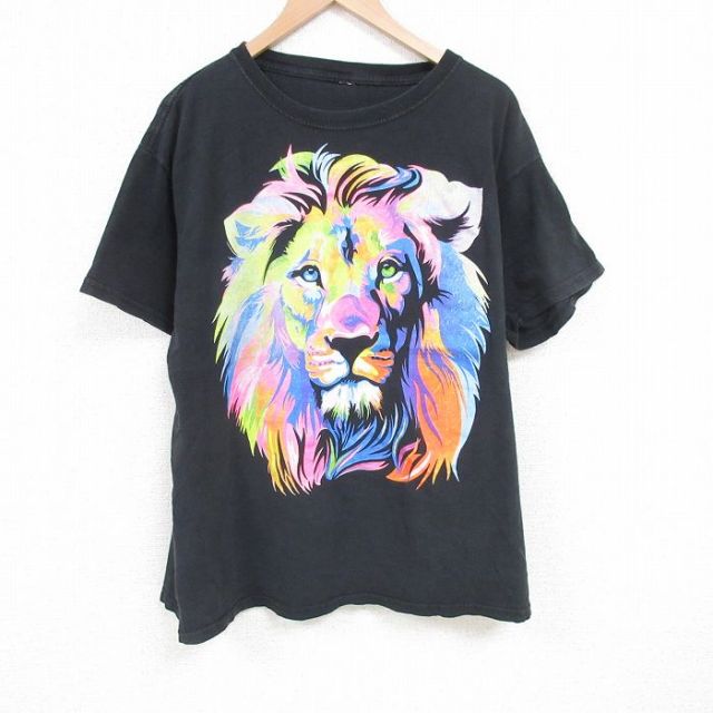 XL★古着 半袖 Tシャツ メンズ ライオン 大きいサイズ クルーネック 黒 ブラック 25jun28 中古