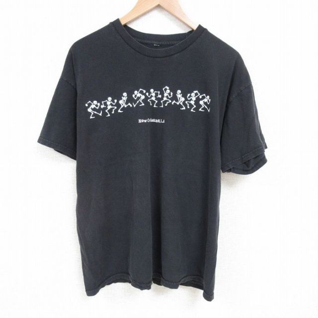 XL★古着 半袖 Tシャツ メンズニューオリンズ スケルトン 大きいサイズ クルーネック 黒 ブラック 25jun28 中古 メンズ
