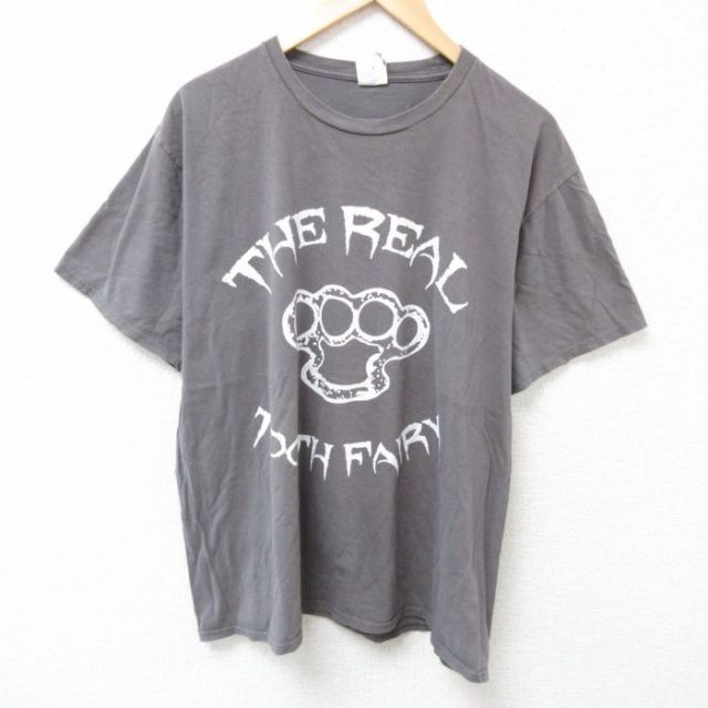 XL★古着 半袖 Tシャツ メンズ ナックル コットン クルーネック 濃グレー 25jul02 中古