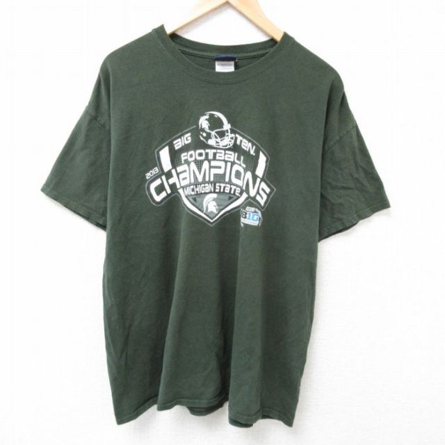 XL★古着 半袖 Tシャツ メンズ フットボール 大きいサイズ コットン クルーネック 濃緑 グリーン 25jul02 中古