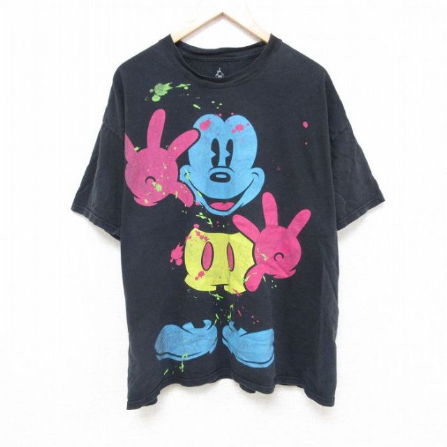 XL★古着 ヘインズ Hanes 半袖 Tシャツ メンズ ディズニー DISNEY ミッキー MICKEY MOUSE 大きいサイズ コットン クルーネック 黒 ブラック 25jul03 中古