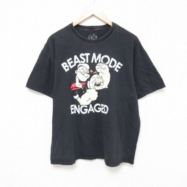 XL★古着 半袖 Tシャツ メンズ ポパイ コットン クルーネック 黒 ブラック 25jul03 中古