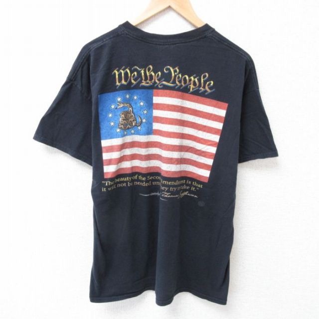 【50%OFF】XL★古着 半袖 Tシャツ メンズ 星条旗 大きいサイズ コットン クルーネック 黒 ブラック 25jul03 中古