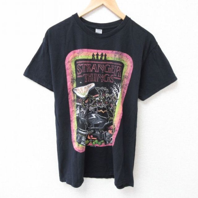 L★古着 半袖 Tシャツ メンズ ドラマ ストレンジャーシングス コットン クルーネック 黒 ブラック 25jul03 中古