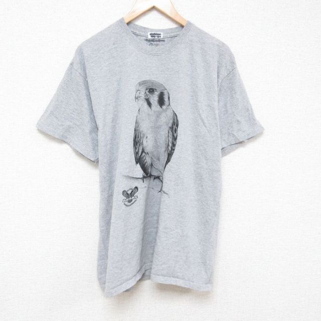 XL★古着 半袖 Tシャツ メンズ 鳥 大きいサイズ クルーネック グレー 霜降り 25jul07 中古