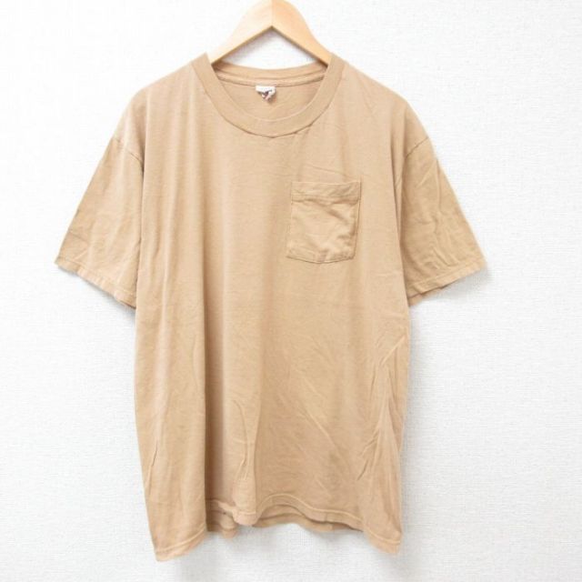 XL★古着 フルーツオブザルーム 半袖 Tシャツ メンズ 無地 胸ポケット付き コットン クルーネック 濃ベージュ カーキ 25jul05 中古