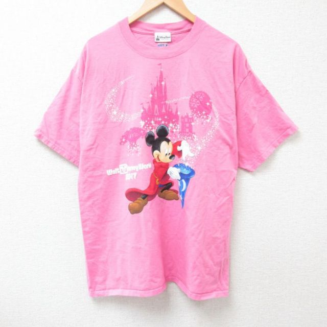 XL★古着 ヘインズ Hanes 半袖 Tシャツ メンズ ディズニー DISNEY ミッキー MICKEY MOUSE コットン クルーネック ピンク 25jul05 中古