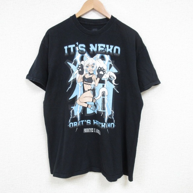 XL★古着 半袖 Tシャツ メンズ 猫 コットン クルーネック 黒 ブラック 25jul05 中古