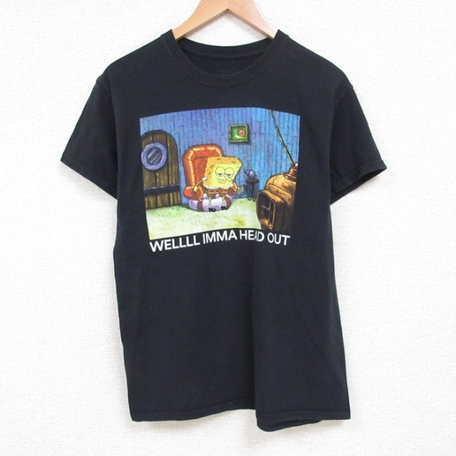 M★古着 半袖 Tシャツ メンズ アニメ ニコロデン スポンジボブ コットン クルーネック 黒 ブラック 25jul14 中古