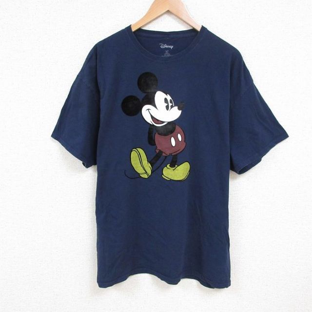 XL★古着 半袖 Tシャツ メンズ ディズニー DISNEY ミッキー MICKEY MOUSE 大きいサイズ コットン クルーネック 紺 ネイビー 25jul09 中古