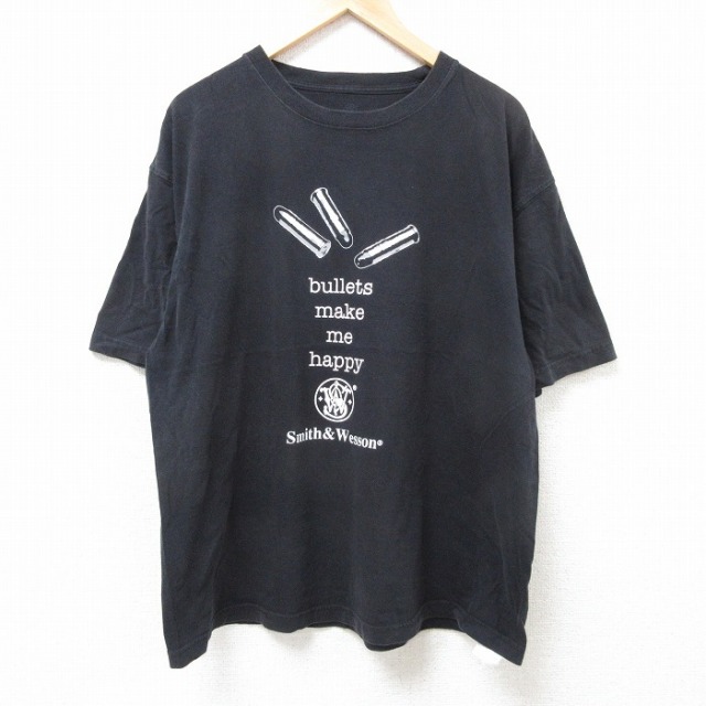 XL★古着 半袖 Tシャツ メンズ 弾丸 大きいサイズ コットン クルーネック 黒 ブラック 25jul09 中古