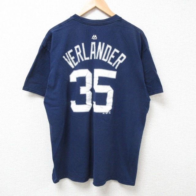 XL★古着 マジェスティック 半袖 Tシャツ メンズ MLBデトロイトタイガース ジャスティンバーランダー 35 大きいサイズ コットン クルーネック 紺 ネイビー メジャーリーグ ベースボール 野球 25jul09 中古