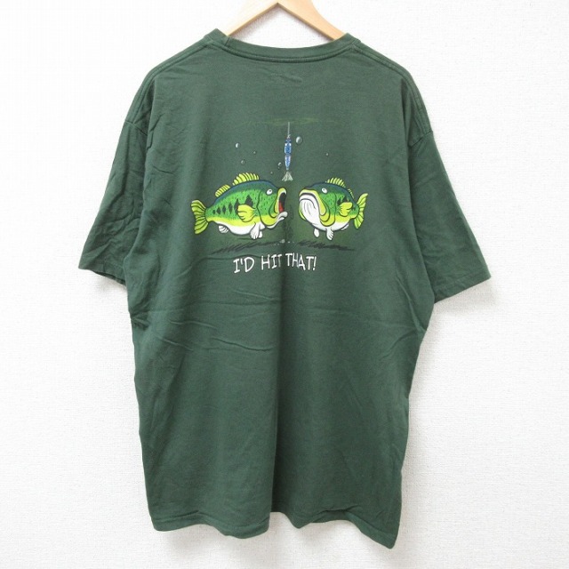 XL★古着 半袖 Tシャツ メンズ 魚 大きいサイズ コットン クルーネック 濃緑 グリーン 25jul09 中古