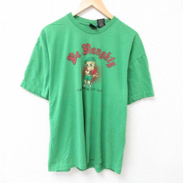 XL★古着 半袖 Tシャツ メンズ 子供 コットン クルーネック 緑 グリーン 25jul12 中古