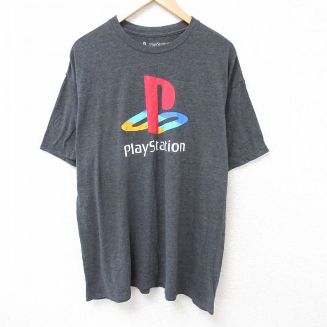 XL★古着 リップルジャンクション 半袖 Tシャツ メンズ プレイステーション 大きいサイズ クルーネック 濃グレー 霜降り 25jul12 中古