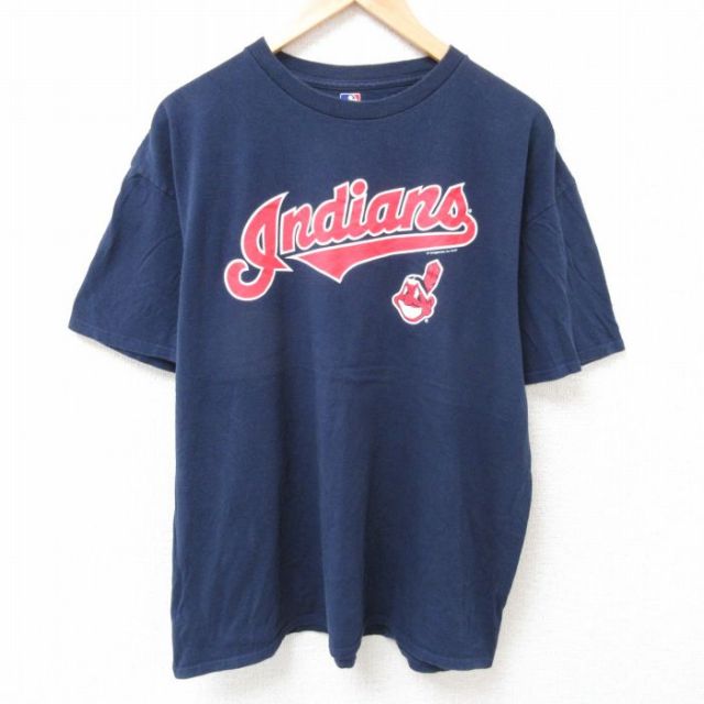 XL★古着 半袖 Tシャツ メンズ MLB クリーブランドインディアンス 大きいサイズ クルーネック 紺 ネイビー メジャーリーグ ベースボール 野球 25jul12 中古