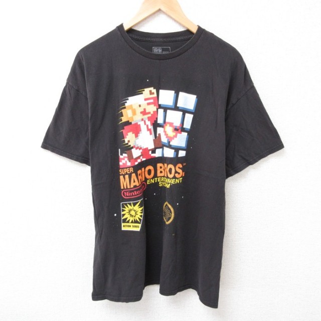 XL★古着 半袖 Tシャツ メンズ ゲーム ニンテンドー スーパーマリオブラザーズ コットン クルーネック 黒 ブラック 25jul15 中古