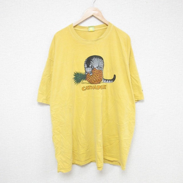 XL★古着 Crazy Shirts 半袖 Tシャツ メンズ クリバンキャット 大きいサイズ ロング丈 コットン クルーネック 黄 イエロー 25jul17 中古