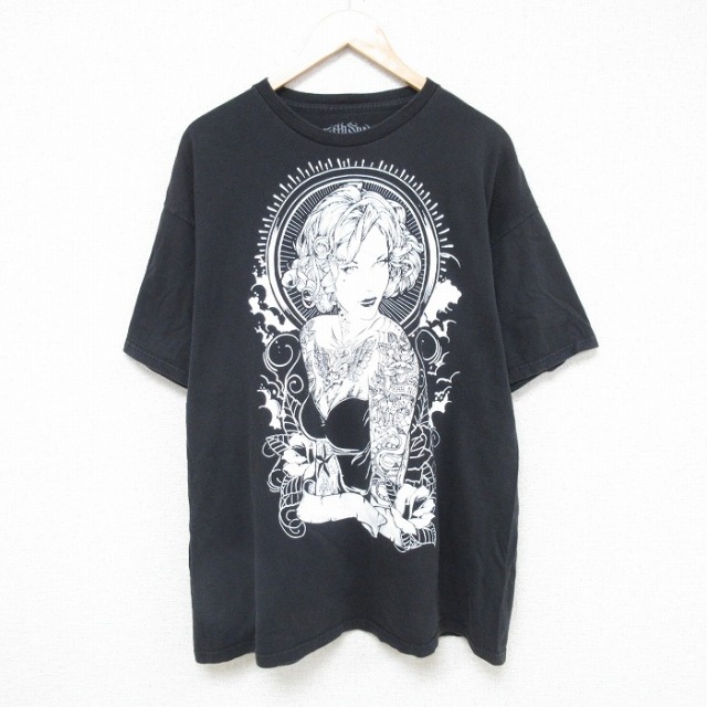 XL★古着 半袖 Tシャツ メンズ タトゥー コットン クルーネック 黒 ブラック 25jul18 中古