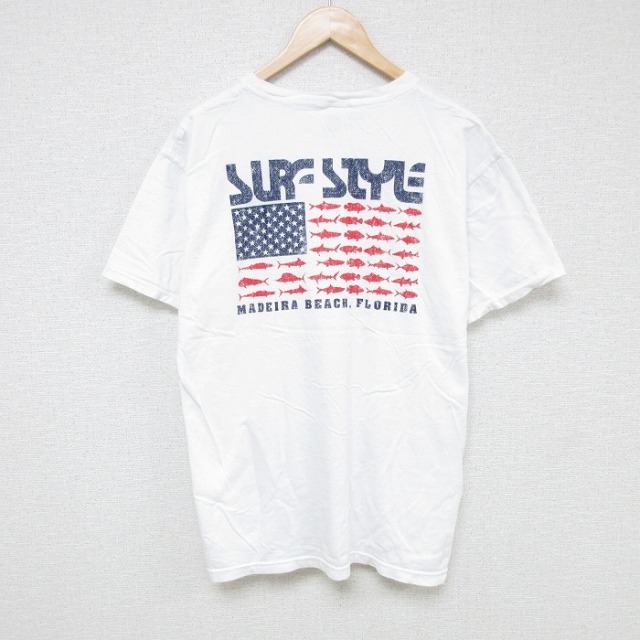 L★古着 サーフスタイル 半袖 Tシャツ メンズ 魚 コットン クルーネック 白 ホワイト 25jul18 中古
