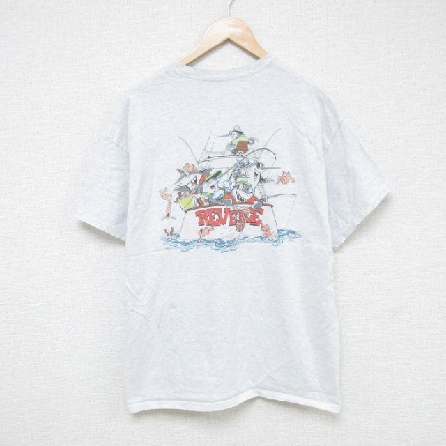 【50%OFF】XL★古着 半袖 Tシャツ メンズ 魚 クルーネック 薄グレー 霜降り 25jul18 中古