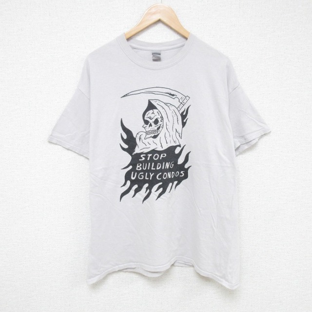 XL★古着 半袖 Tシャツ メンズ 死神 コットン クルーネック ベージュ カーキ 25jul18 中古