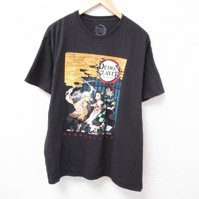 XL★古着 半袖 Tシャツ メンズ アニメ 鬼滅の刃 竈門炭治郎コットン クルーネック 黒 ブラック 25jul24 中古