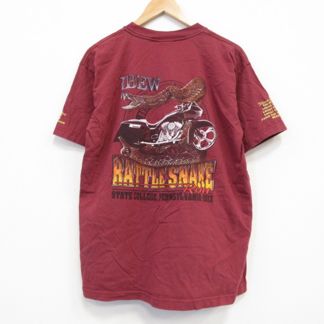 M★古着 半袖 Tシャツ メンズ バイク 胸ポケット付き コットン クルーネック USA製 エンジ 25jul19 中古