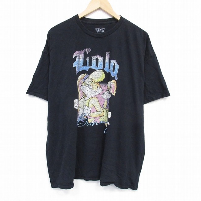 XL★古着 半袖 Tシャツ メンズ ルーニーテューンズ LOONEY TUNES ローラバニー 大きいサイズ コットン クルーネック 黒 ブラック 【spe】 25jul22 中古