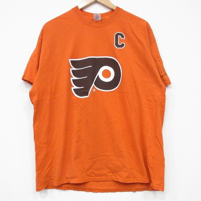 XL★古着 半袖 Tシャツ メンズ NHL フィラデルフィア エリックリンドロス 88 コットン クルーネック オレンジ アイスホッケー 25jul22 中古