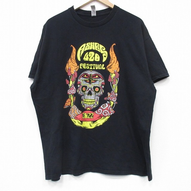 【20%OFF】XL★古着 半袖 Tシャツ メンズ スカル 企業広告 コットン クルーネック 黒 ブラック 25jul22 中古