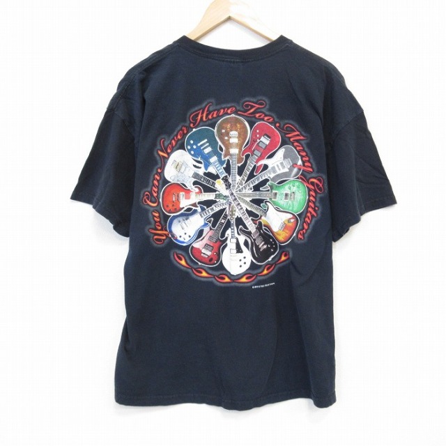 XL★古着 半袖 Tシャツ メンズ ギター 大きいサイズ コットン クルーネック 黒 ブラック 25jul23 中古