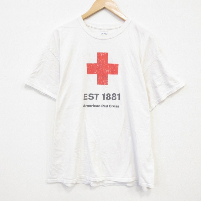 XL★古着 半袖 Tシャツ メンズ 赤十字 レッド コットン クルーネック 白 ホワイト 25jul23 中古