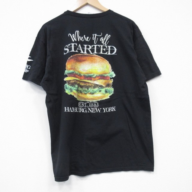 XL★古着 半袖 Tシャツ メンズ ハンバーガー コットン クルーネック 黒 ブラック 25jul25 中古