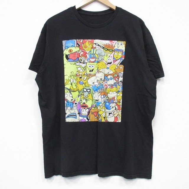 L★古着 半袖 Tシャツ メンズ アニメ スポンジボブ ラグラッツ クルーネック 黒 ブラック 25jul25 中古