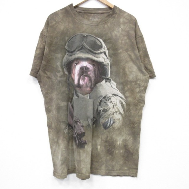 【20%OFF】XL★古着 THE MOUNTAIN 半袖 Tシャツ メンズ ブルドッグ 大きいサイズ コットン クルーネック こげ茶他 ブラウン タイダイ 25jul25 中古